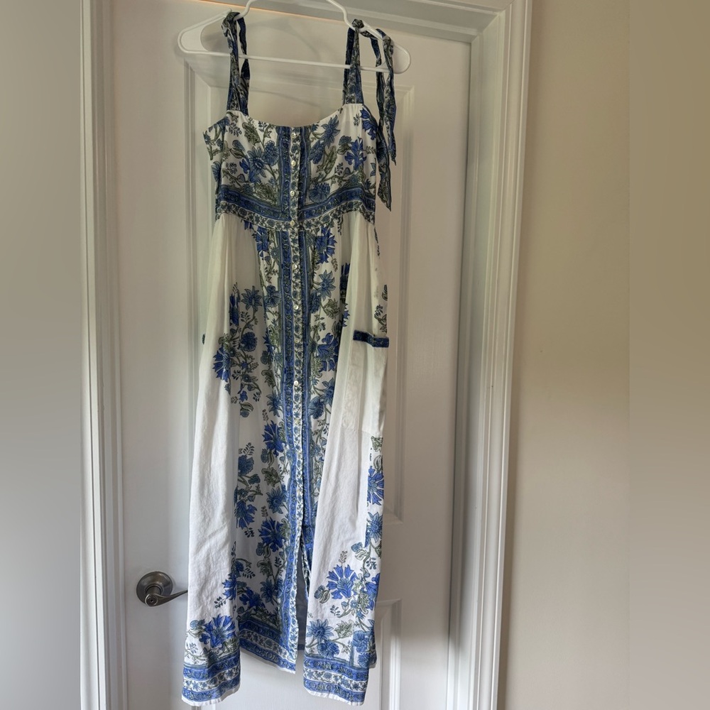 Juliet Dunn Tie Shoulder Dress In Rose Border, White Klein Blue